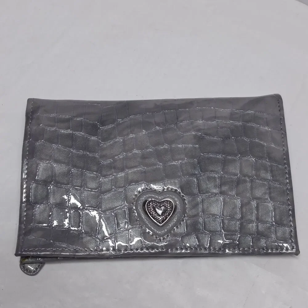 Brighton Bellissimo Heart Folio Wallet Gray Patent Leather Crocodile Embossed